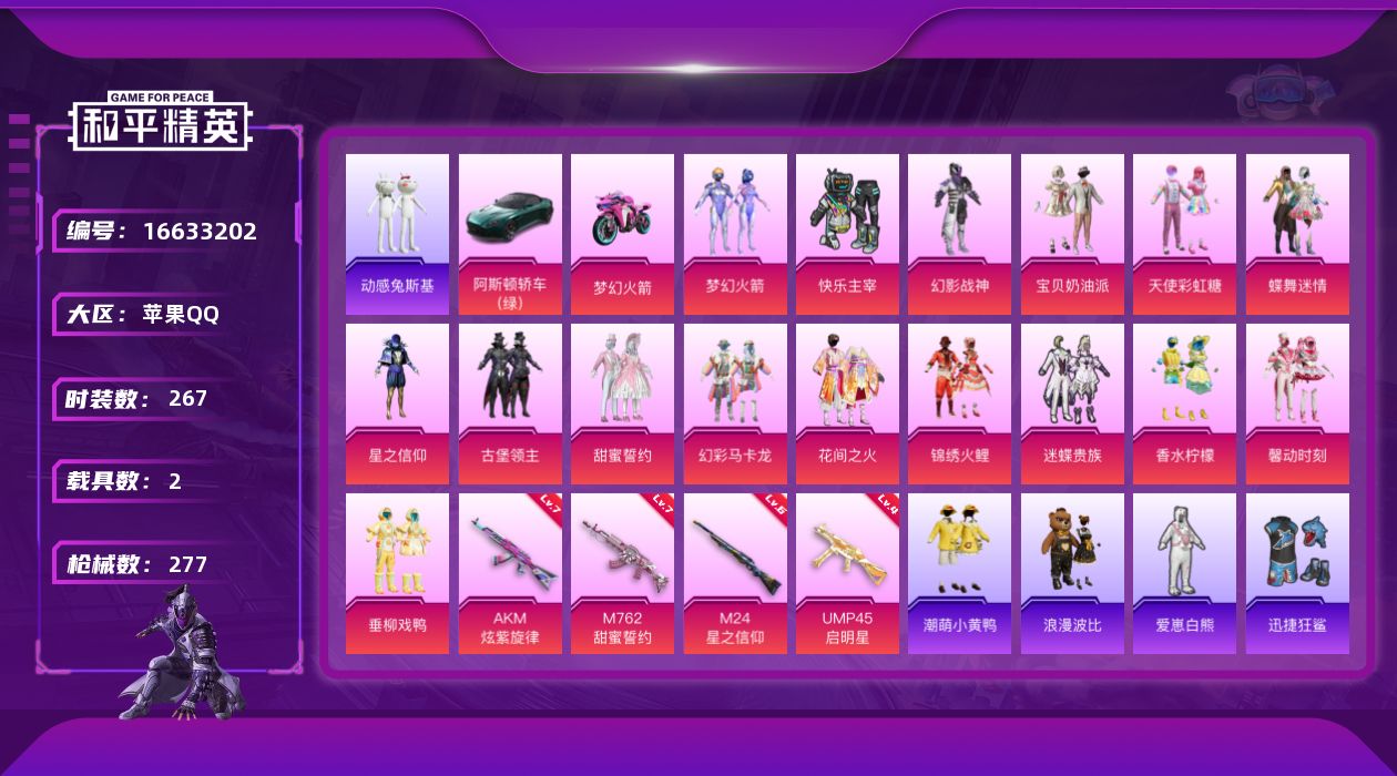 和平精英账号苹果QQ[16633202]苹果 手Q-16粉装-4特效枪-2载具-4粉色飞行器-110018热力值-15王牌印记-267套装-277枪皮
【热门品类】：粉装-梦幻火箭，角色-军刀雅典娜，套装-金羽特工，套装
