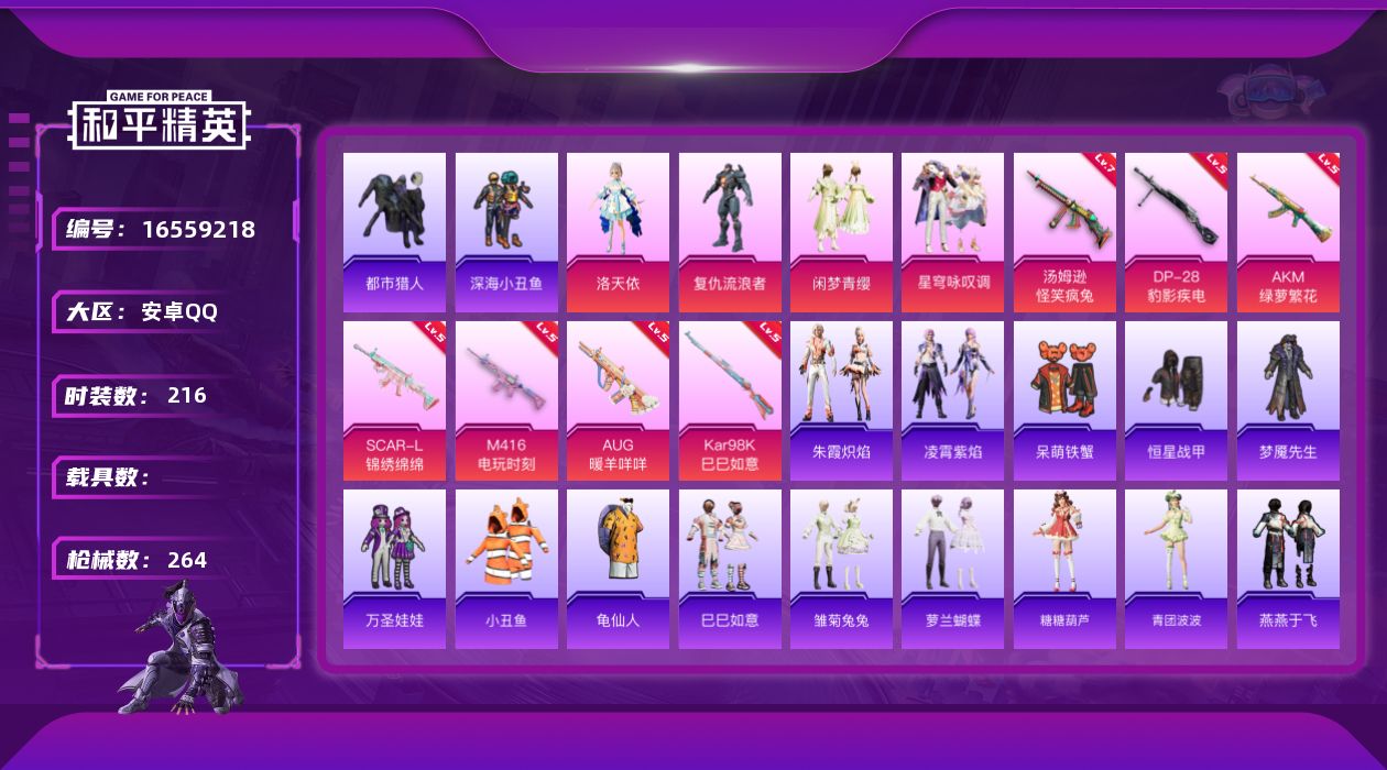 和平精英账号安卓QQ[16559218]安卓 手Q-5粉装-7特效枪-0载具-2粉色飞行器-80083热力值-14王牌印记-216套装-264枪皮
【热门品类】：套装-都市猎人，套装-深海小丑鱼，套装-小丑鱼，套装-龟仙