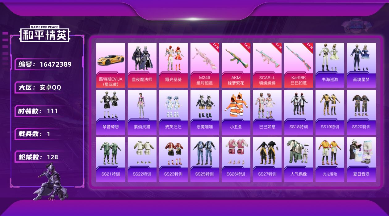 和平精英账号安卓QQ[16472389]安卓 手Q-2粉装-5特效枪-1载具-1粉色飞行器-39883热力值-6王牌印记-111套装-128枪皮
【热门品类】：套装-小丑鱼
【粉色套装】：粉装-星夜魔法师，粉装-霞光圣骑