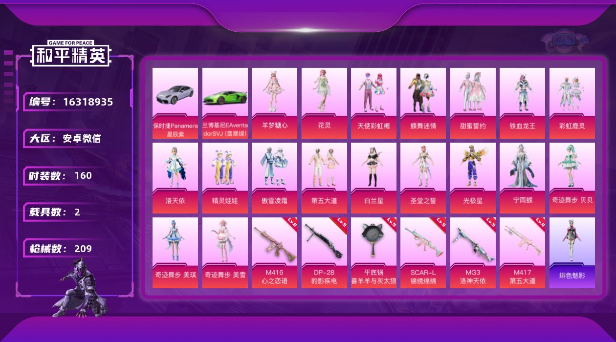 和平精英账号安卓微信[16318935]DAS8092 可二次  安卓V-2载具18粉装6特效枪18热门160套装209枪皮 76929热力值 9印记 历史超级王牌14星 天使彩虹糖 洛天依
【2载具】 保时捷Panam