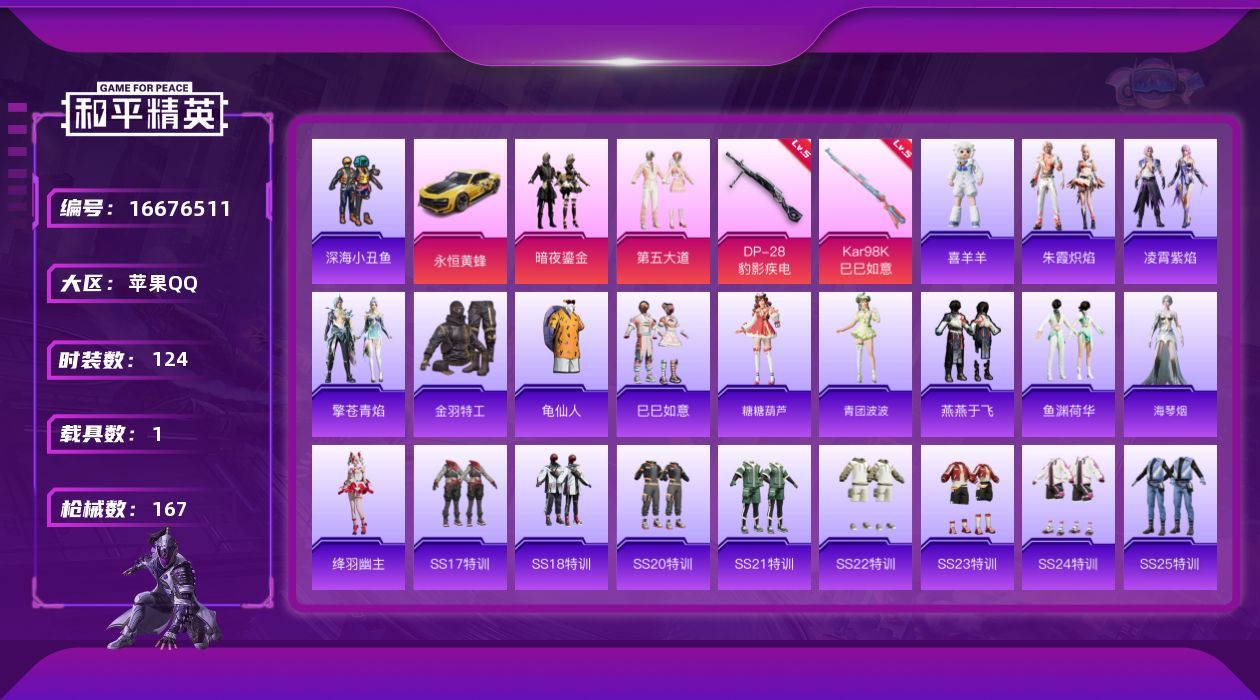 和平精英账号苹果QQ[16676511]苹果 手Q-3粉装-2特效枪-1载具-1粉色飞行器-46598热力值-12王牌印记-124套装-167枪皮
【热门品类】：套装-深海小丑鱼，套装-金羽特工，套装-龟仙人
【粉色套装