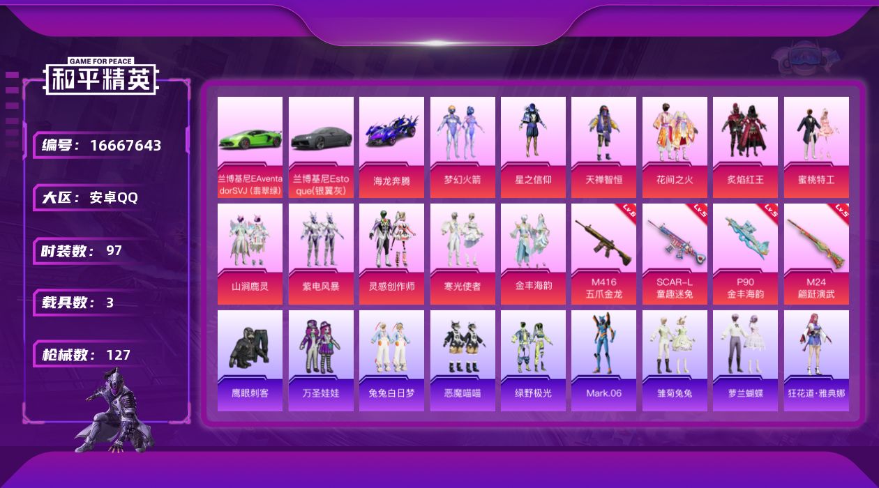 和平精英账号安卓QQ[16667643]【特价出售/店主推荐】安卓 手Q-11粉装-4特效枪-3载具-1粉色飞行器-44428热力值-5王牌印记-97套装-127枪皮
【热门品类】：粉装-梦幻火箭，角色-Mark.06
