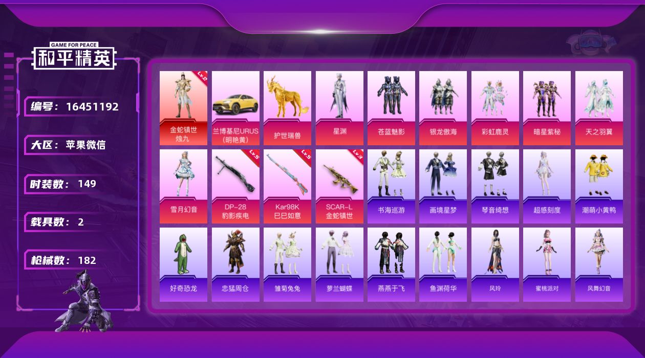 和平精英账号苹果微信[16451192]"DF812有二次苹果V-1红装1稀有2载具7粉装3特效枪13热门149套装181枪皮 60963热力值 8印记 历史超级王牌8星  金蛇镇世-烛九 (2级)  S1赛事外套  S