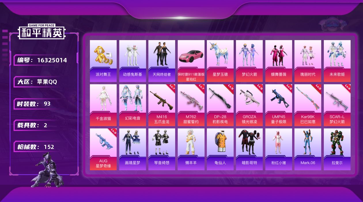 和平精英账号苹果QQ[16325014]DAS8940包人脸 苹果Q-4稀有2载具6粉装9特效枪11热门93套装152枪皮 50231热力值 13印记 历史超级王牌15星  梦幻火箭 天网终结者 派对舞王（金靴子） 暗影