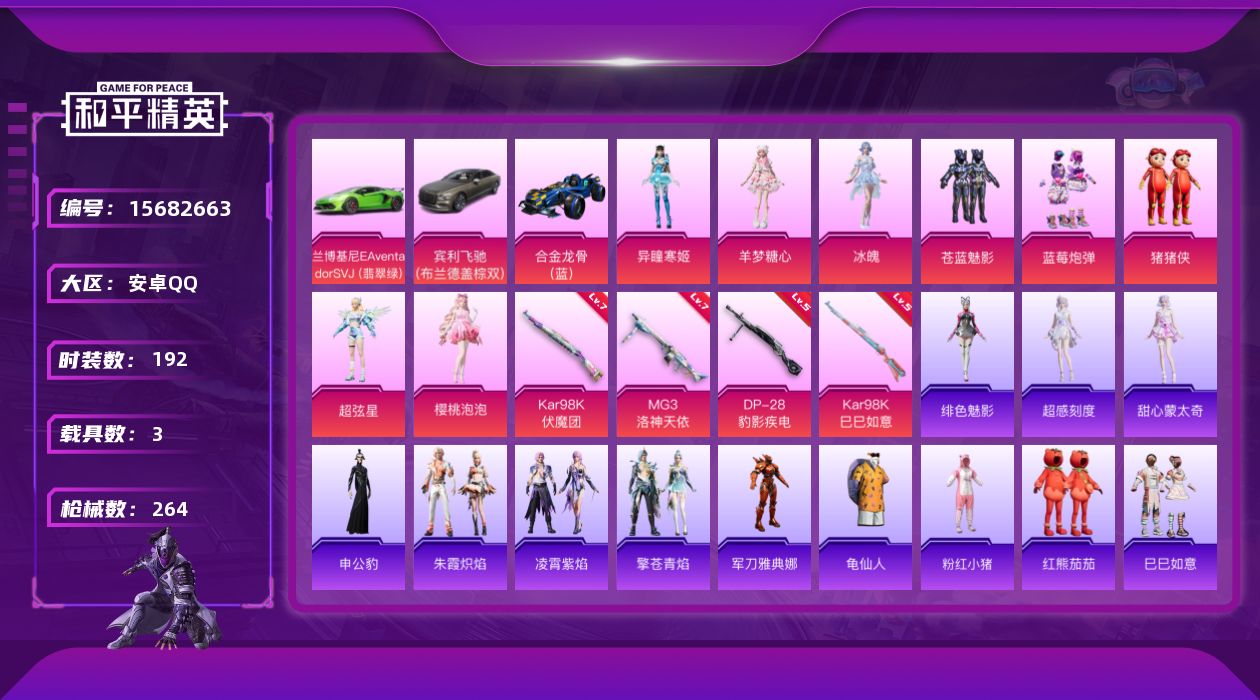 和平精英账号安卓QQ"DAS8633有二次 安卓Q-3载具8粉装4特效枪14热门192套装264枪皮 83395热力值 