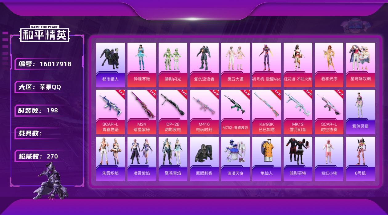 和平精英账号苹果QQ[16017918]【螳螂’第五大道，不知火舞，羲和光序，星穹咏叹调，异瞳寒姬】【地铁满天赋，七级防弹衣】苹果 手Q-8粉装-8特效枪-0载具-5粉色飞行器-83281热力值-13王牌印记-198套装