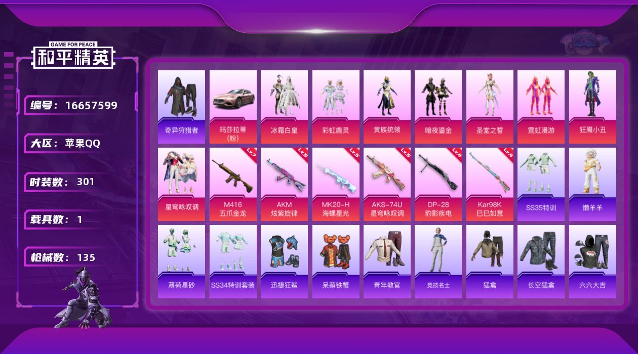和平精英账号苹果QQ8粉装 6特效枪 1载具 7印记 可二次 可修改实名 
【热门装扮】奇异狩猎者,星穹咏叹调,狂魇小丑
