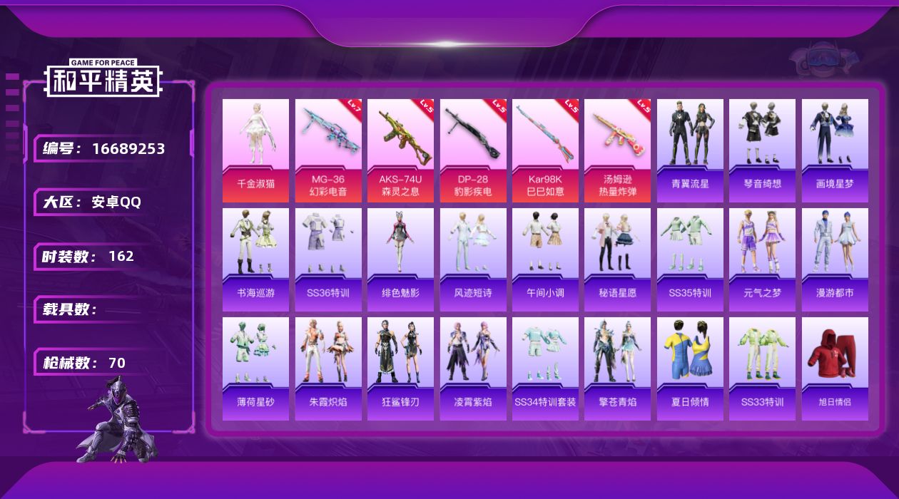 和平精英账号安卓QQ[16689253]实名: 可修改 时装数: 40 枪械数: 70 战备数: 40 热门装扮: 千金