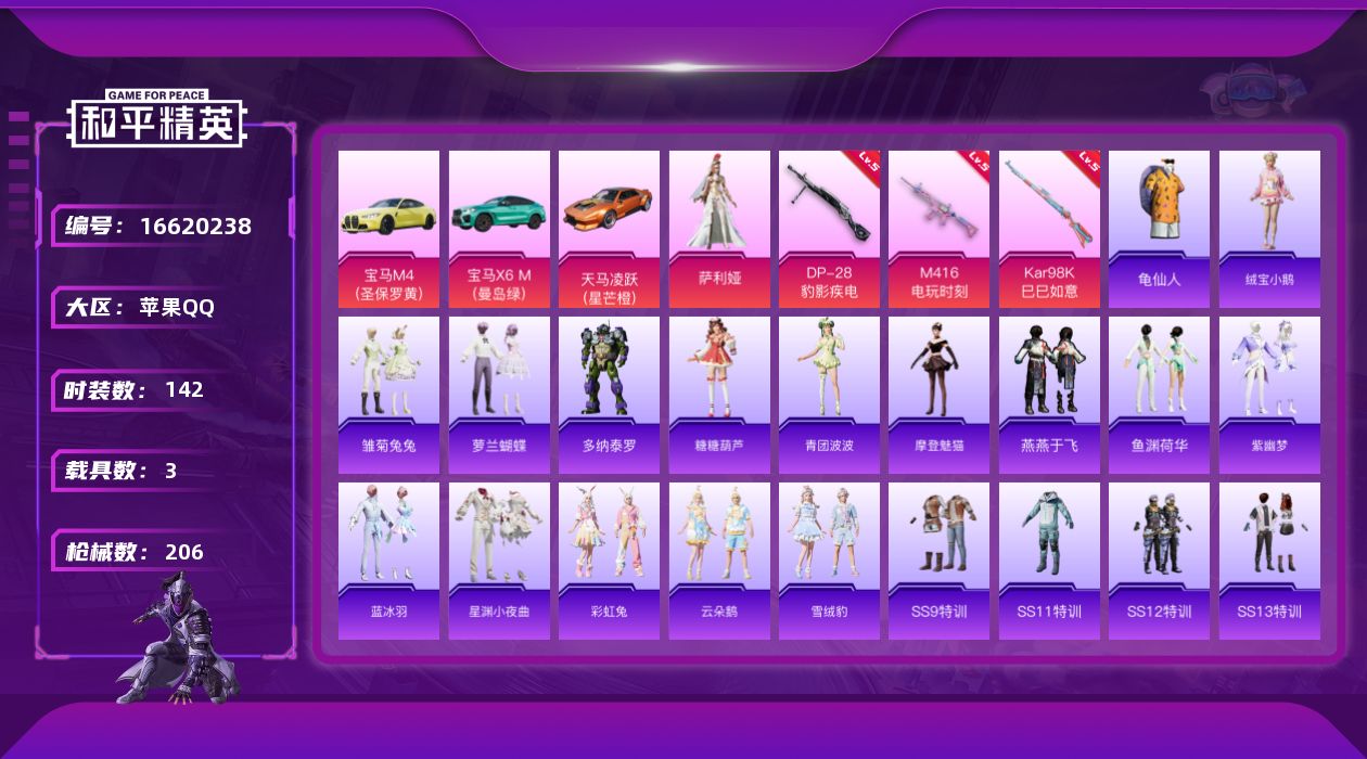 和平精英账号苹果QQ[16620238]【店主推荐捡漏号】苹果 手Q-1粉装-3特效枪-3载具-1粉色飞行器-63847热力值-8王牌印记-142套装-206枪皮【热门品类】：套装-龟仙人【粉色套装】：角色-萨利娅【粉色