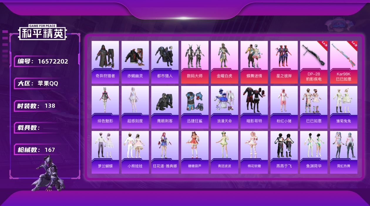 和平精英账号苹果QQ[16572202]DAS8980苹果Q-包人脸 5稀有3粉装2特效枪9热门120套装130枪皮 赤蝎幽灵 都市猎人 36591热力值 6印记 历史超级王牌12星 
【5稀有】 奇异狩猎者 赤蝎幽灵 