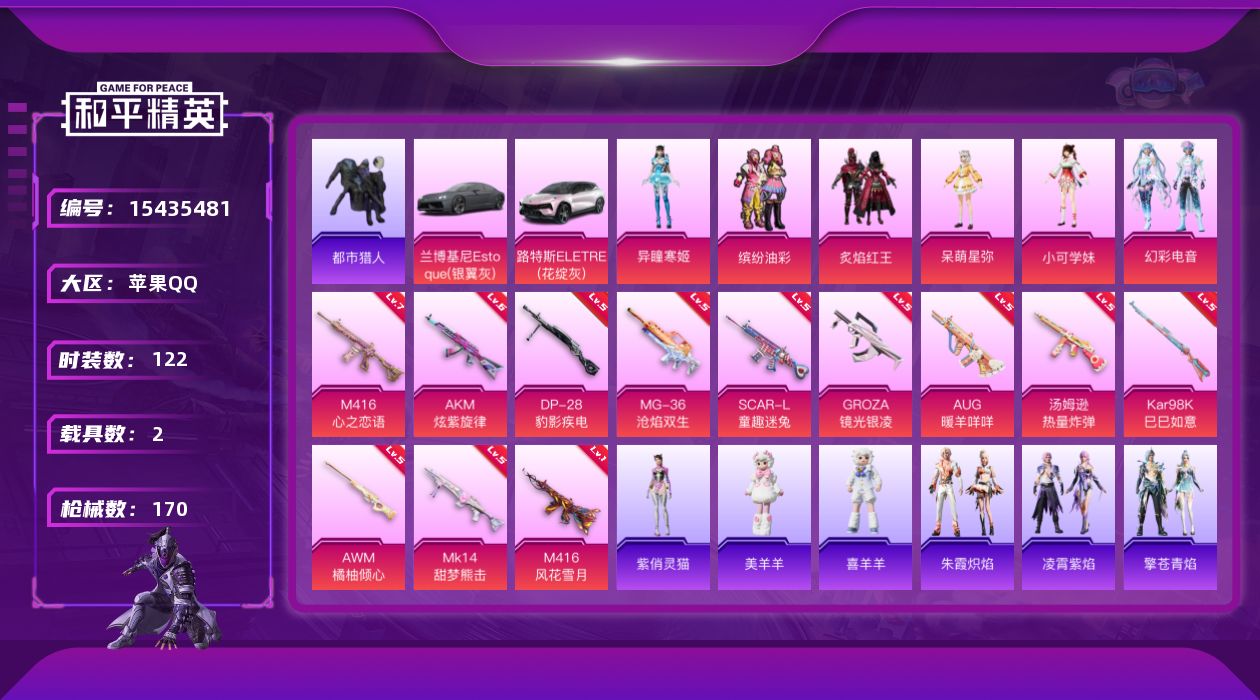 和平精英账号苹果QQ[15435481]" DFX193有二次苹果Q-3稀有2载具6粉装12特效枪11热门122套装170枪皮 60675热力值 12印记 历史超级王牌14星   缤纷油彩 都市猎人 暗影哥特  M416