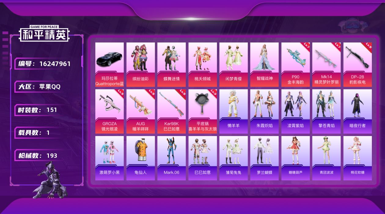和平精英账号苹果QQ[16247961]DAS7290 包人脸 苹果Q-1载具5粉装7特效枪6热门151套装192枪皮 59834热力值 10印记 历史卓越王牌17星  缤纷油彩P90-金丰海韵 (7级)Mk14-精灵梦