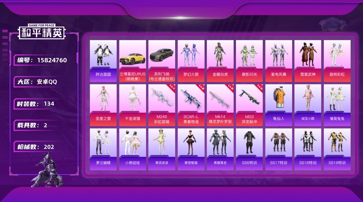和平精英账号安卓QQ[15824760]DAS8726包人脸 安卓Q-3载具8粉装4特效枪10热门134套装202枪皮 65117热力值 5印记 历史超级王牌5星 梦幻火箭 M249-彩虹甜喵 (7级) 
【3载具】 宾