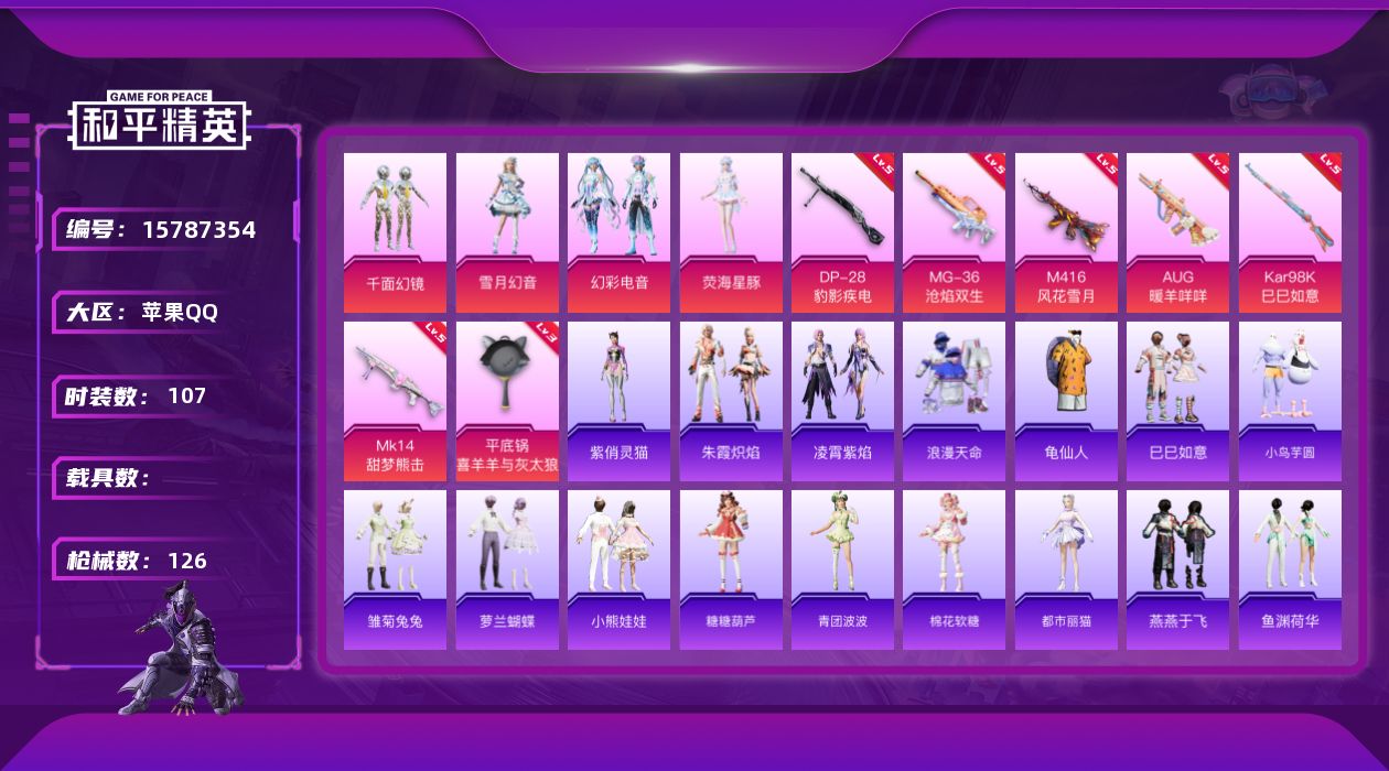 和平精英账号苹果QQ"DFX214有二次钱包未注销 苹果Q-1稀有4粉装7特效枪3热门107套装126枪皮 39714热