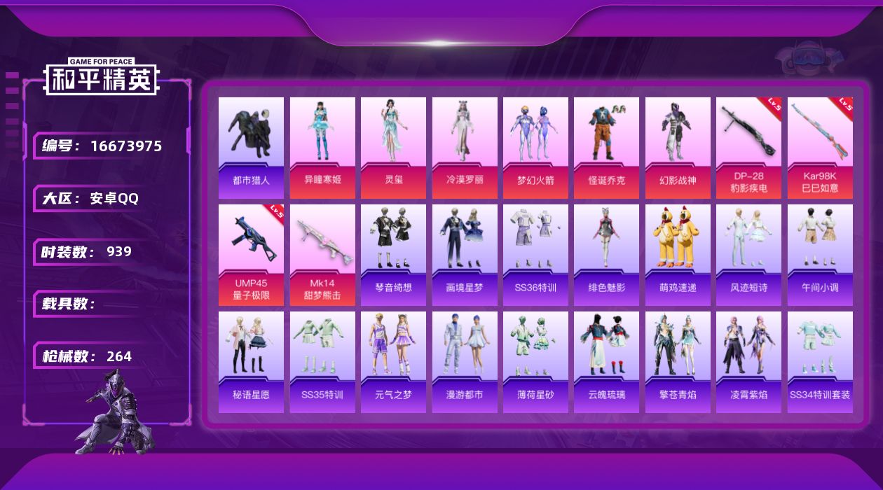 和平精英账号安卓QQ0载具-221套装-264枪皮-小丑 都市 梦幻火箭-2稀有6粉装5特效枪24热门221套装264枪