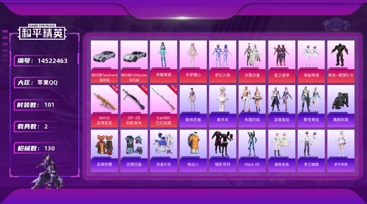 和平精英账号苹果QQ"DAS7499 包人脸 苹果Q-1稀有2载具7粉装3特效枪11热门101套装130枪皮 43792