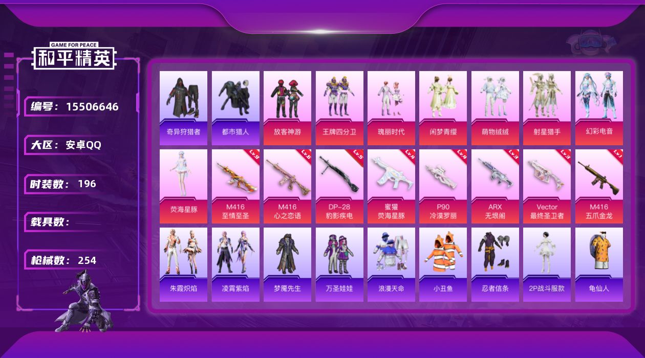 和平精英账号安卓QQ[15506646]"DAS8617有二次 安卓Q-4稀有8粉装8特效枪19热门196套装254枪皮 86163热力值 8印记 历史超级王牌8星 都市猎人 暗影哥特 Vector-最终圣卫者 M416