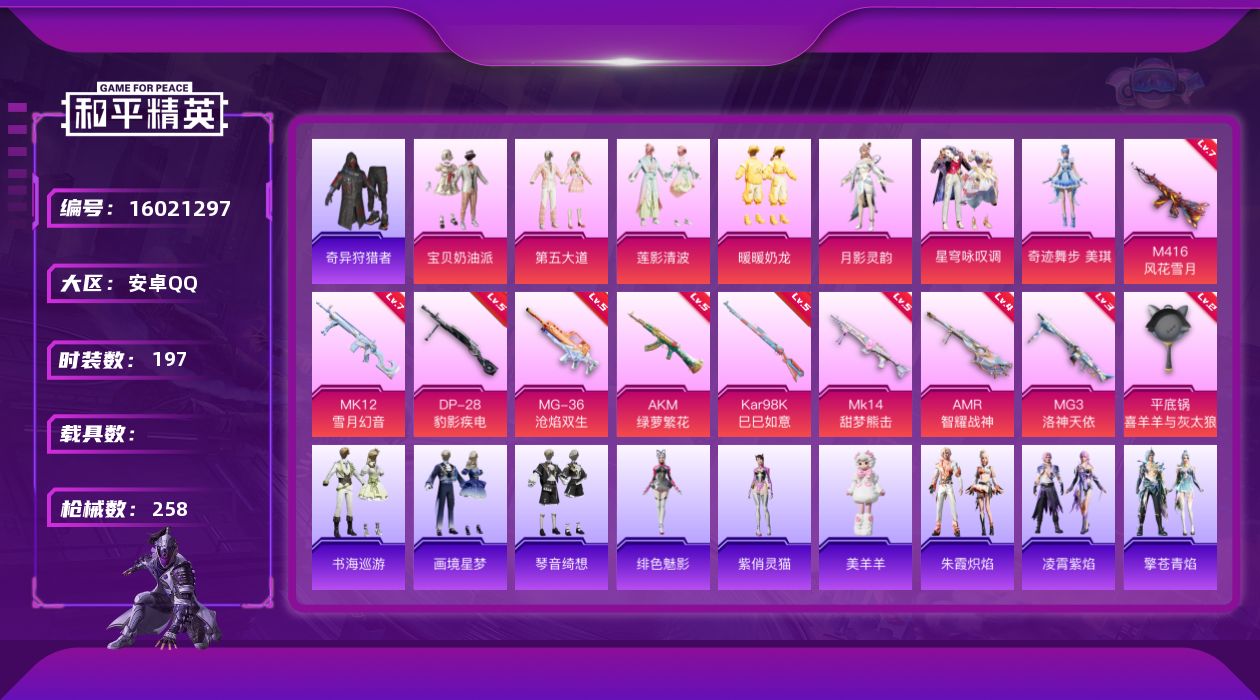 和平精英账号安卓QQ[16021297]DAS8677有二次 安卓Q-2稀有7粉装10特效枪7热门197套装258枪皮 82737热力值 16印记 历史卓越王牌11星  宝贝奶油派 MK12-雪月幻音 (7级)  M41