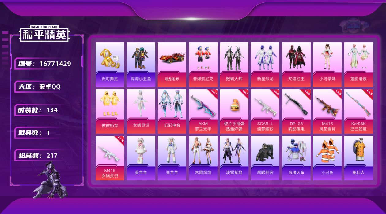 和平精英账号安卓QQ[16771429]安卓 手Q-9粉装-7特效枪-1载具-3粉色飞行器-68267热力值-13王牌印记-134套装-217枪皮
【热门品类】：粉装-音爆索尼克，套装-浪漫天命，套装-派对舞王，套装-深