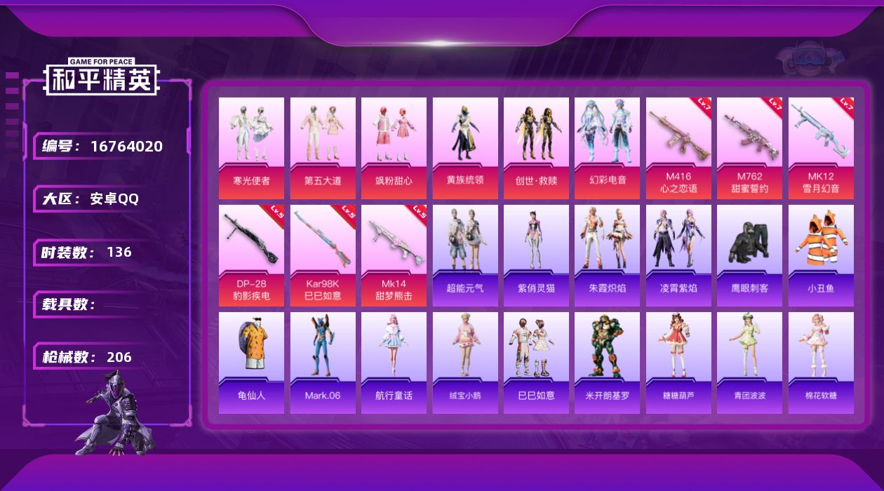 和平精英账号安卓QQ[16764020]安卓 手Q-6粉装-6特效枪-0载具-3粉色飞行器-61732热力值-13王牌印记-136套装-206枪皮
【热门品类】：套装-小丑鱼，套装-龟仙人，角色-Mark.06
【粉色套