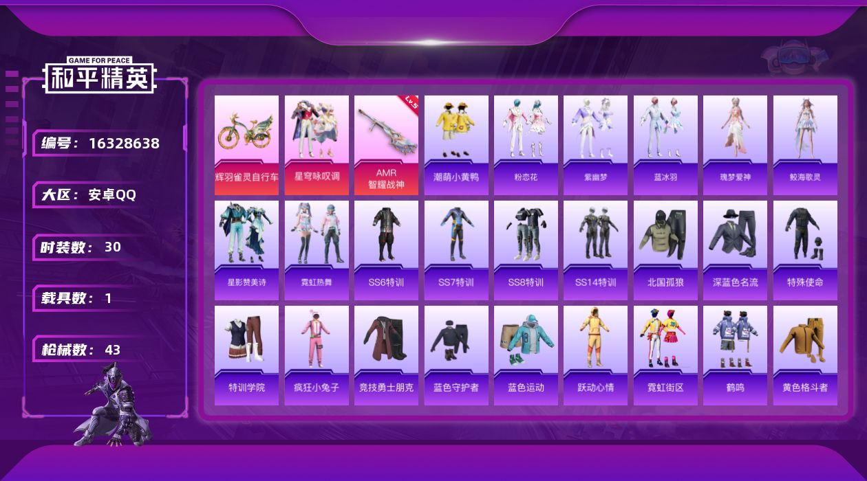 和平精英账号安卓QQ[16328638]【特价出售/店主推荐】安卓 手Q-1粉装-1特效枪-1载具-1粉色飞行器-12341热力值-1王牌印记-30套装-43枪皮【热门品类】：套装-潮萌小黄鸭【粉色套装】：粉装-星穹咏叹