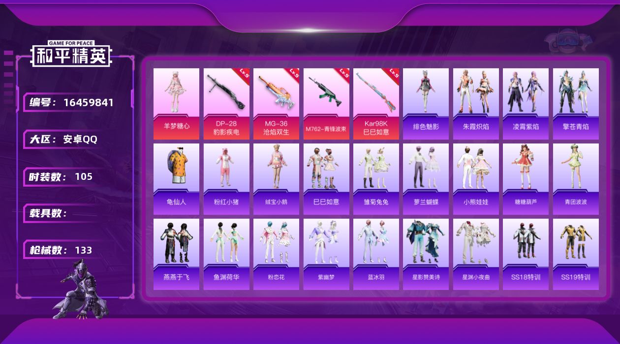 和平精英账号安卓QQ[16459841]【特价出售/店主推荐】安卓 手Q-1粉装-4特效枪-0载具-2粉色飞行器-36766热力值-5王牌印记-105套装-133枪皮【热门品类】：套装-龟仙人，套装-粉红小猪【粉色套装】