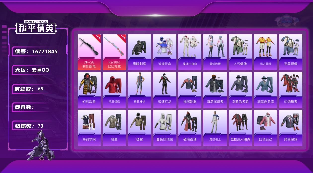 和平精英账号安卓QQ[16771845]安卓 手Q-0粉装-4特效枪-0载具-2粉色飞行器-17849热力值-4王牌印记-69套装-73枪皮
【热门品类】：套装-浪漫天命
【粉色枪皮等级】：AKS-74U-森灵之息(五级