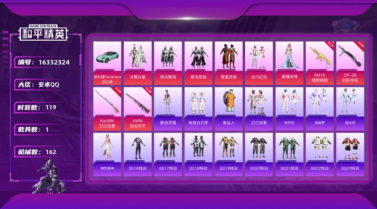 和平精英账号安卓QQ[16332324]【特价出售/店主推荐】安卓 手Q-6粉装-4特效枪-1载具-2粉色飞行器-5.2w热力值-8王牌印记-119套装-162枪皮
【热门品类】：套装-龟仙人
【粉色套装】：粉装-冰霜白