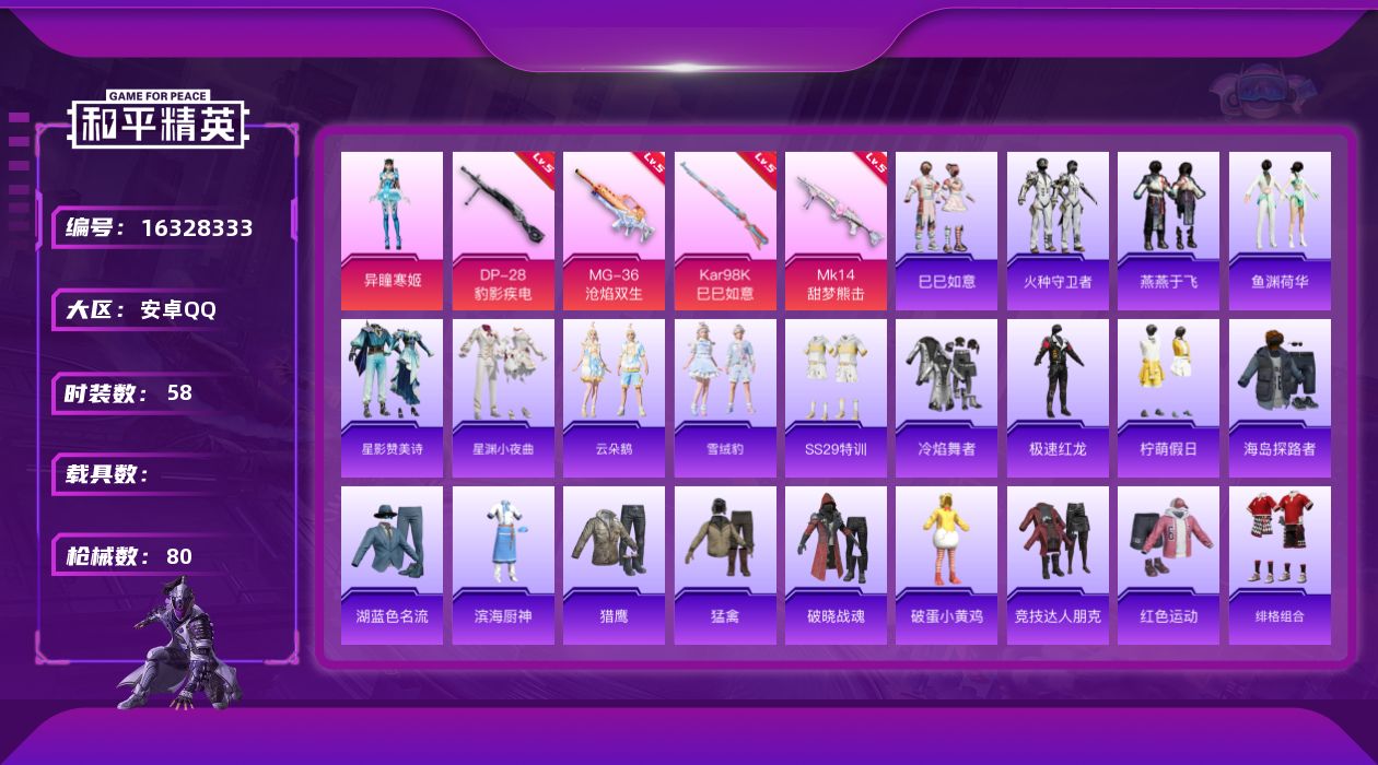 和平精英账号安卓QQ[16328333]安卓 手Q-1粉装-4特效枪-0载具-1粉色飞行器-21170热力值-5王牌印记-58套装-80枪皮
【粉色套装】：角色-异瞳寒姬
【粉色枪皮等级】：Kar98K-巳巳如意(五级)