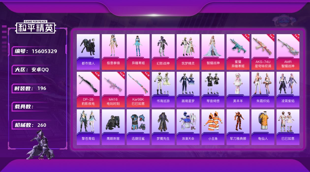 和平精英账号安卓QQDAS9062 可二次  安卓Q-2稀有5粉装6特效枪16热门196套装260枪皮 76591热力值