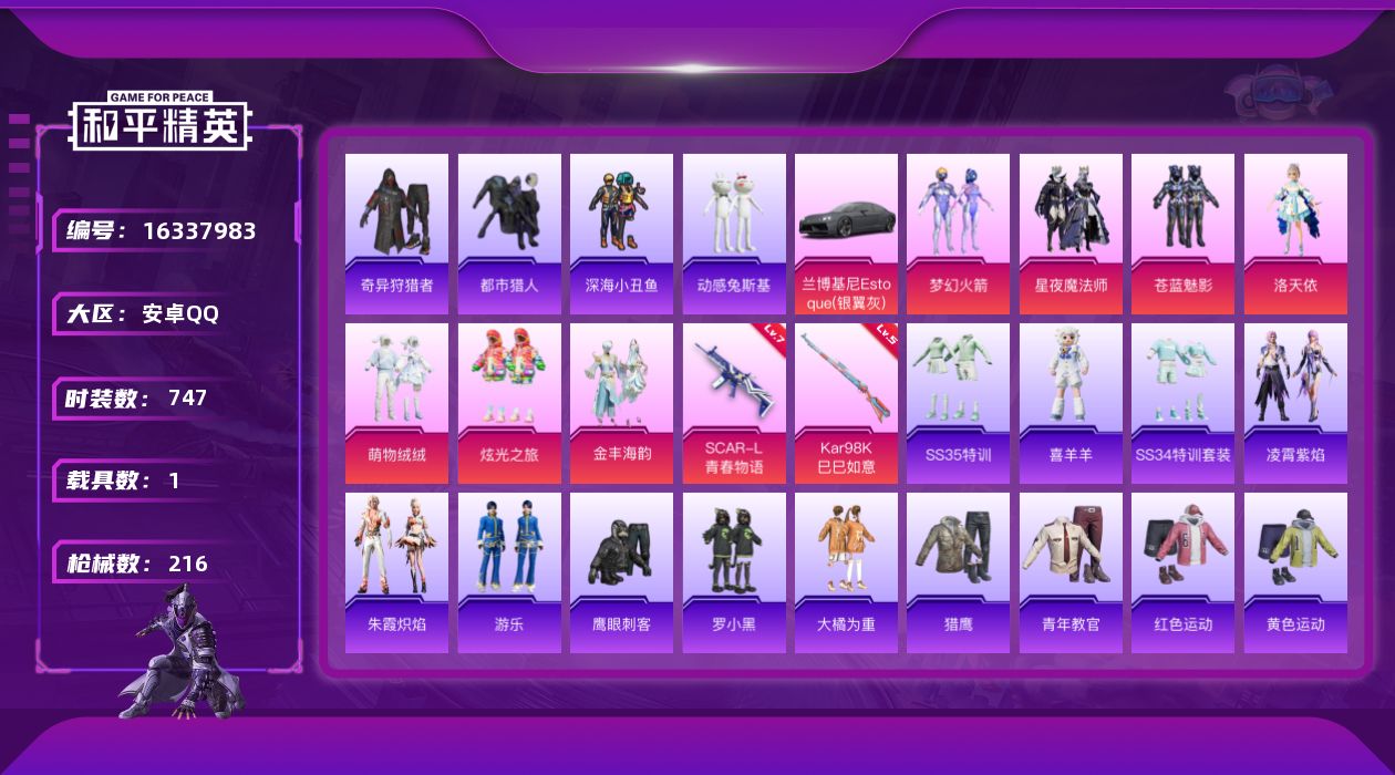 和平精英账号安卓QQ7粉装 2特效枪 1载具 13印记 可二次 可修改实名 
【热门装扮】奇异狩猎者,梦幻火箭(新101