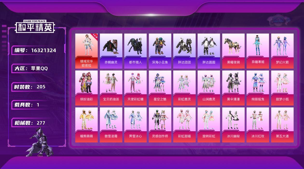 和平精英账号苹果QQ[16321324]苹果 手Q-1神装-26粉装-14特效枪-1载具-7粉色飞行器-101232热力值-16王牌印记-205套装-277枪皮
【红色神装等级】：镜域双华-欧若拉(三级)
【红色角色神装