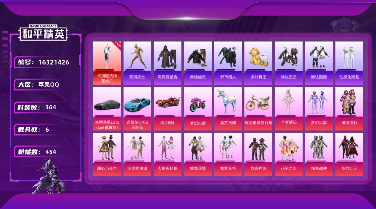 和平精英账号苹果QQ[16321426]苹果 手Q-1神装-54粉装-35特效枪-6载具-14粉色飞行器-182141热力值-15王牌印记-364套装-454枪皮
【红色神装等级】：灵猫魔法师-塞维尔(二级)
【红色角色