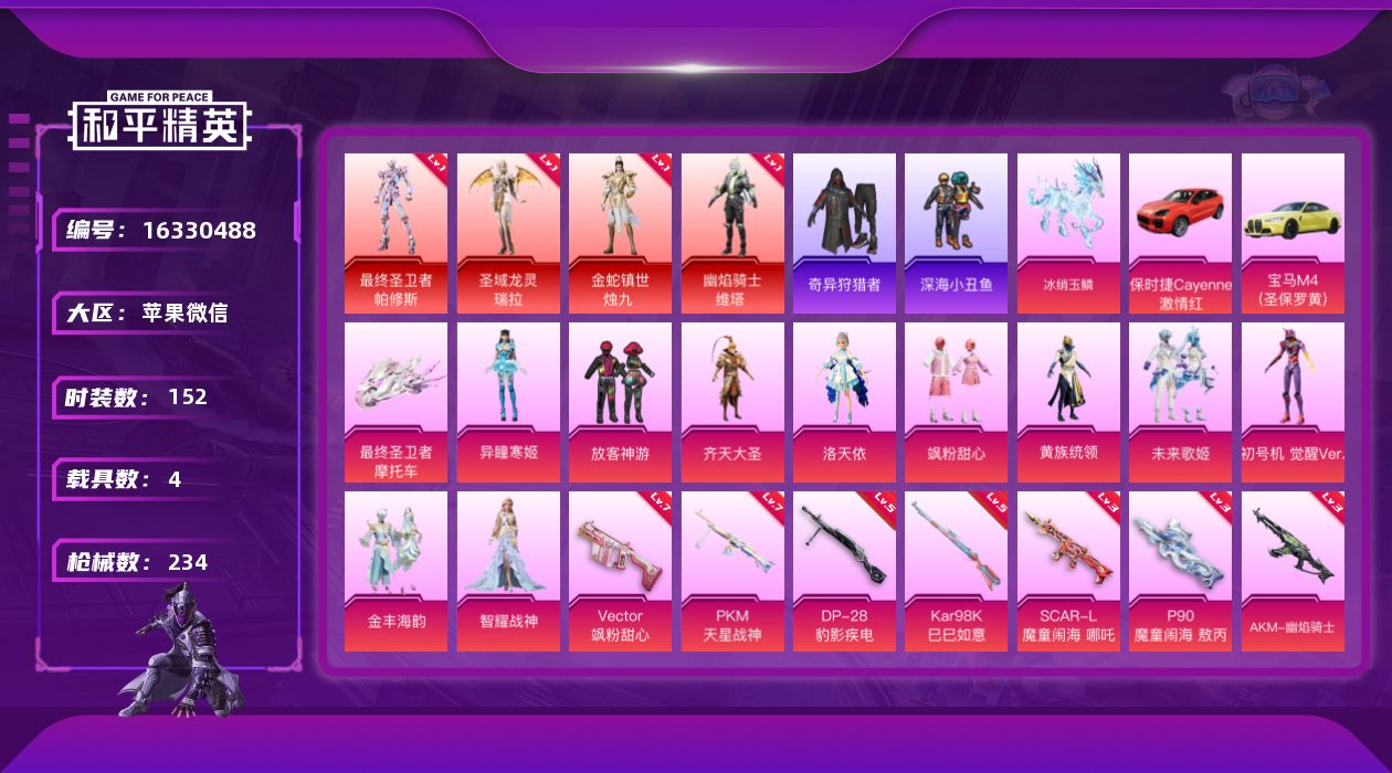 和平精英账号苹果微信[16330488]苹果 暮色玫影-艾丽娅-微信-5神装-10粉装-12特效枪-4载具+1僚机-12粉色飞行器-92737热力值-12王牌印记-152套装-234枪皮
【红色神装等级】：暮色玫影-艾丽