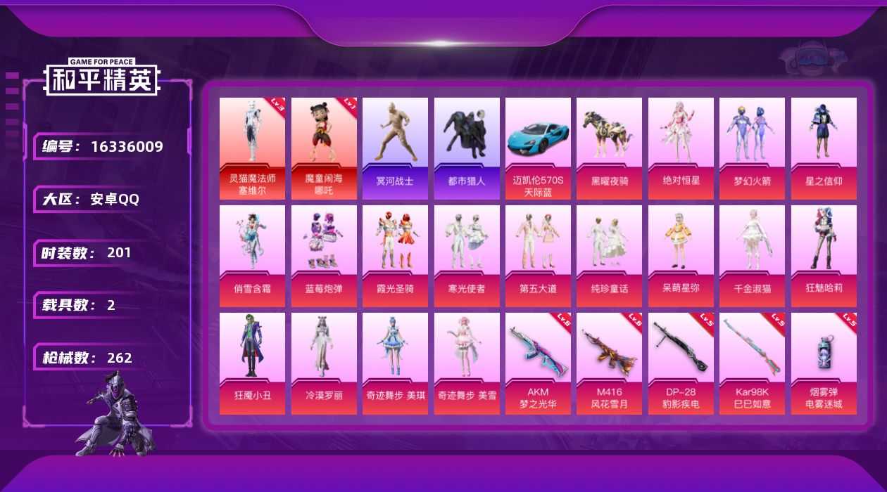 和平精英账号安卓QQ[16336009]【特价出售/店主推荐】安卓 手Q-2神装-16粉装-11特效枪-2载具-9粉色飞行器-92402热力值-10王牌印记-201套装-262枪皮
【红色神装等级】：魔童闹海-哪吒(一级