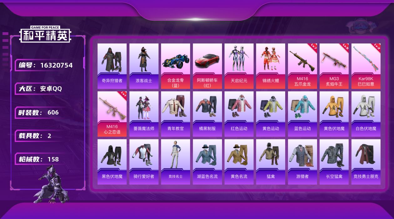 和平精英账号安卓QQ[16320754]2粉装 4特效枪 2载具 6印记 可二次 
【热门装扮】奇异狩猎者,天启纪元,锦