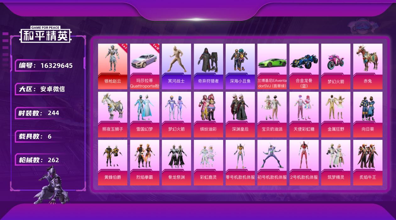 和平精英账号安卓微信[16329645]送手机！54个轿车组件差6个升满级玛莎！安卓 微信-1神装-19粉装-12特效枪-6载具-5粉色飞行器-118217热力值-23王牌印记-244套装-262枪皮
【红色载具】：玛莎