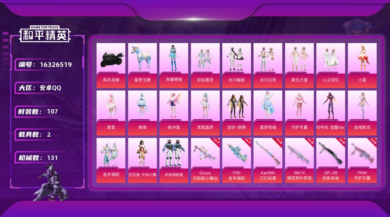 和平精英账号安卓QQ[16326519]安卓 手Q-觉醒螳螂-21粉装-12特效枪-2载具-5粉色飞行器-55051热力值-5王牌印记-107套装-131枪皮
【热门品类】：套装-浪漫天命，套装-软软马卡龙，角色-8号机