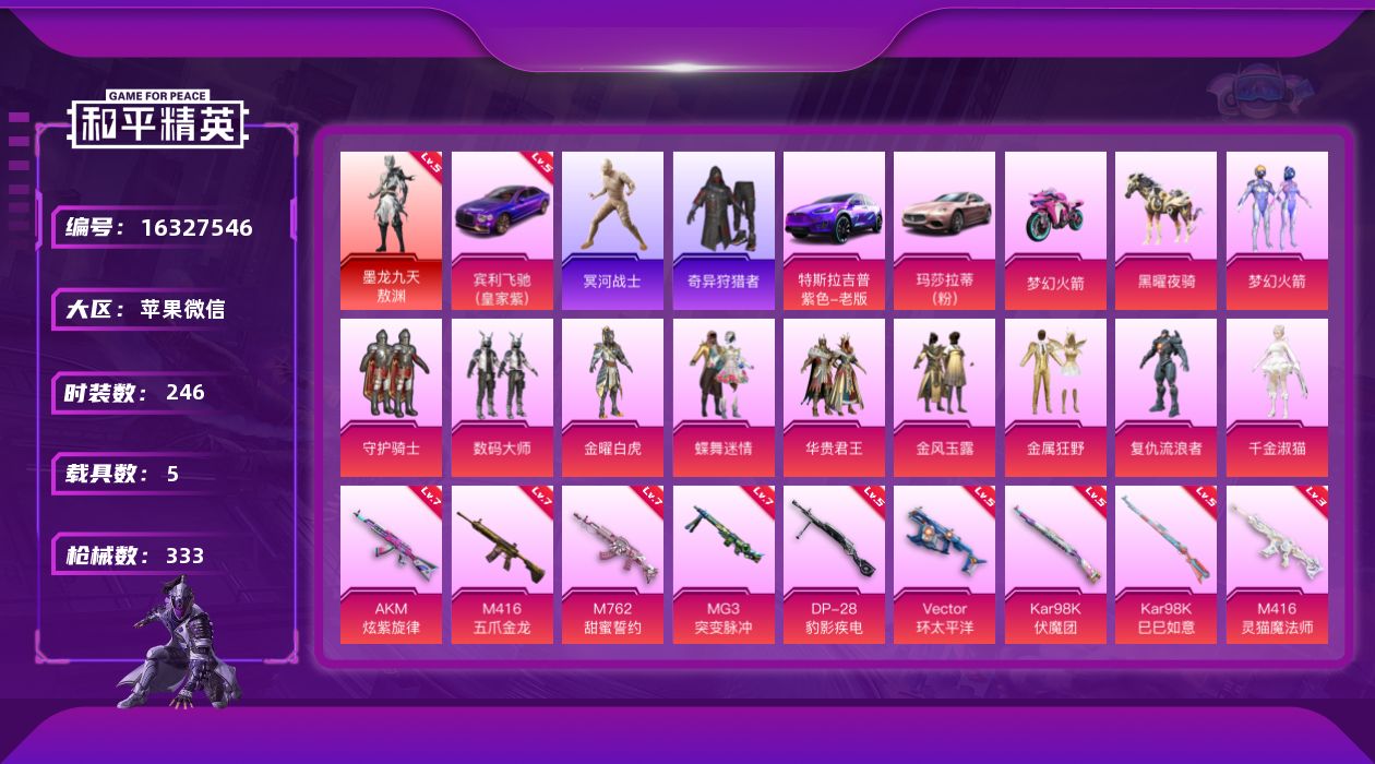 和平精英账号苹果微信[16327546]苹果 3级星梦5级敖渊新101木乃伊巡查衣5级宾利3把7级枪！ 微信-1神装-10粉装-13特效枪-5载具-7粉色飞行器-132488热力值-28王牌印记-246套装-333枪皮
