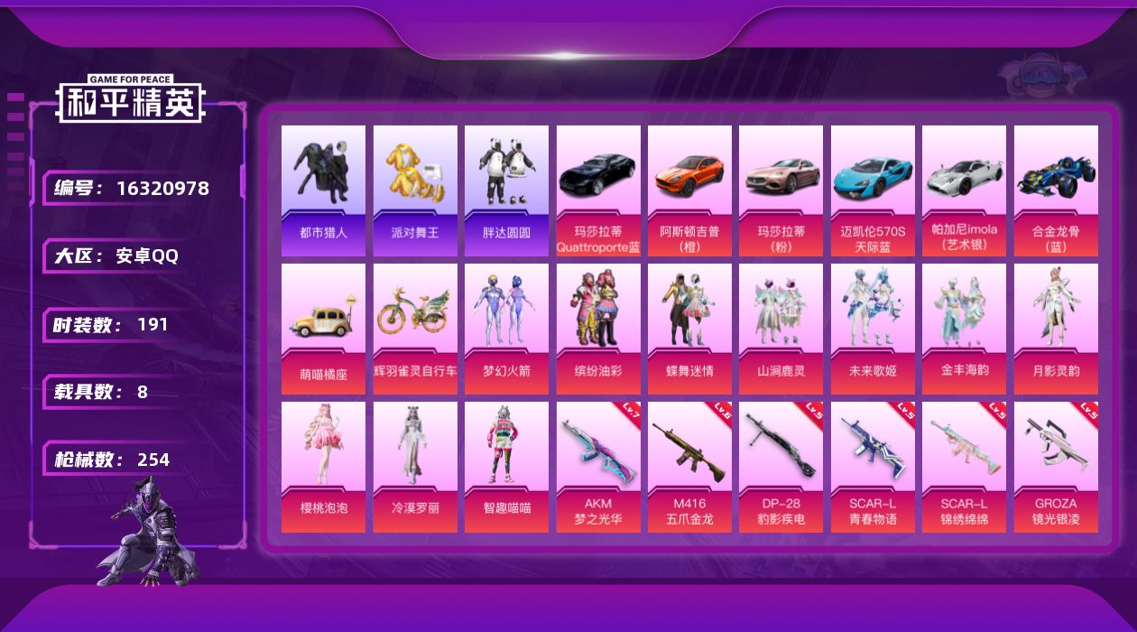 和平精英账号安卓QQ[16320978]安卓 手Q-10粉装-14特效枪-8载具-5粉色飞行器-99378热力值-14王牌印记-191套装-254枪皮
【热门品类】：粉装-梦幻火箭，粉装-缤纷油彩，套装-浪漫天命，套装-