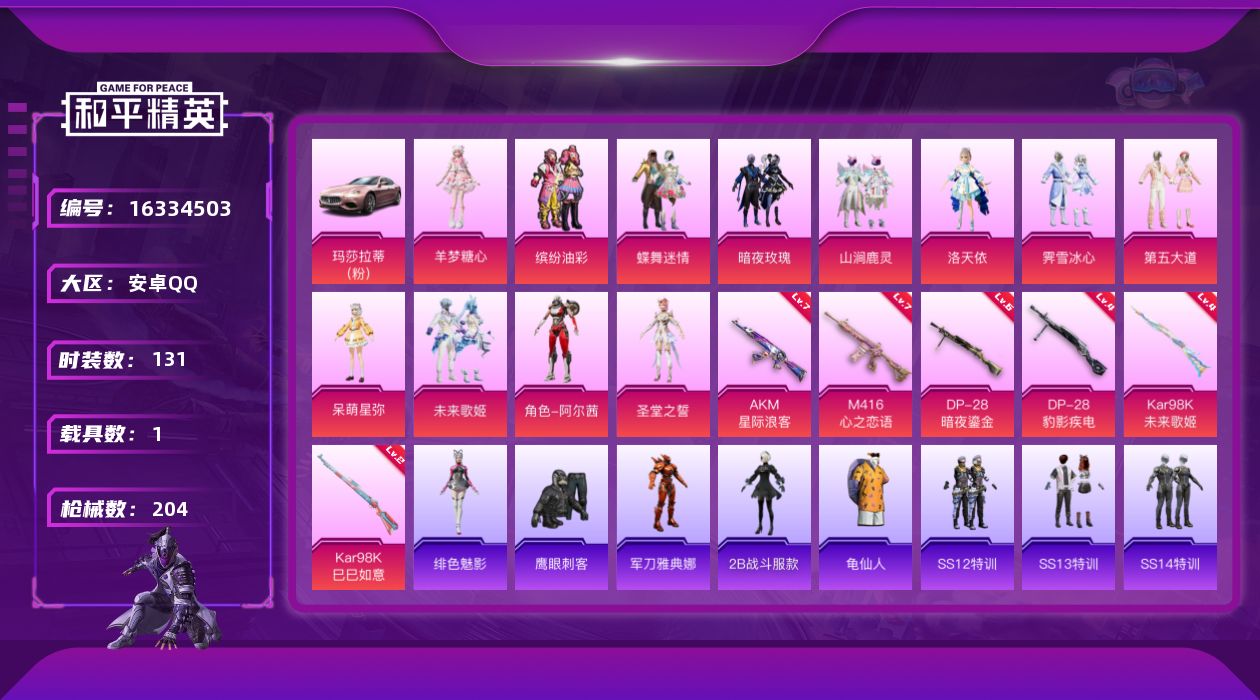 和平精英账号安卓QQ[16334503]安卓 手Q-12粉装-6特效枪-1载具-5粉色飞行器-69922热力值-8王牌印记-131套装-204枪皮
【热门品类】：粉装-缤纷油彩，角色-军刀雅典娜，角色-2B战斗服款，套装