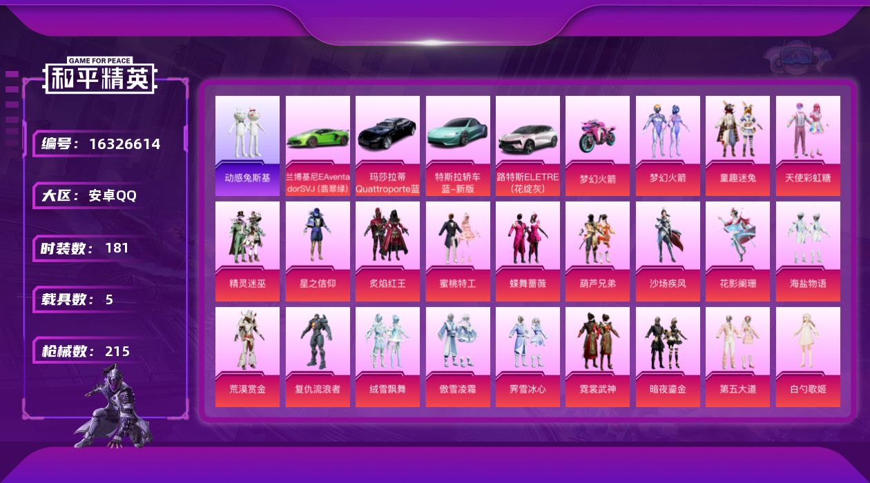 和平精英账号安卓QQ[16326614]安卓 手Q-23粉装-15特效枪-5载具-7粉色飞行器-90353热力值-8王牌印记-181套装-215枪皮
【热门品类】：粉装-梦幻火箭，粉装-童趣迷兔，角色-军刀雅典娜，套装-