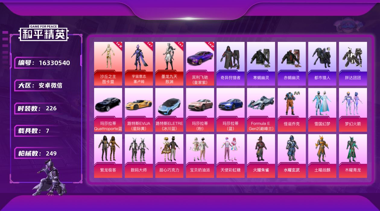 和平精英账号安卓微信[16330540]送手机！背包材料多！安卓 微信-3神装-34粉装-11特效枪-7载具-10粉色飞行器-130164热力值-15王牌印记-226套装-249枪皮
【红色载具】：宾利飞驰（皇家紫）(二