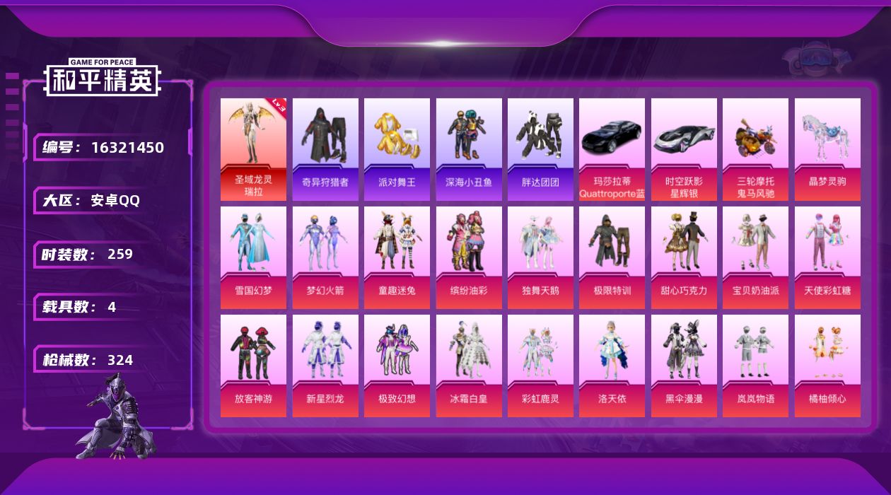 和平精英账号安卓QQ[16321450]安卓 手Q-1神装-41粉装-15特效枪-4载具-14粉色飞行器-131436热力值-14王牌印记-259套装-324枪皮
【红色神装等级】：圣域龙灵-瑞拉(三级)
【红色角色神装