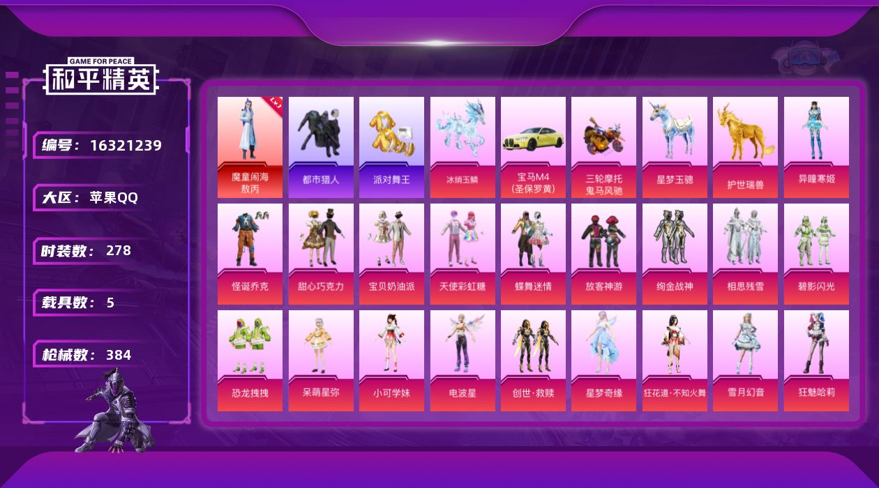 和平精英账号苹果QQ[16321239]苹果 手Q-1神装-20粉装-16特效枪-5载具-8粉色飞行器-131146热力值-18王牌印记-278套装-384枪皮
【红色神装等级】：魔童闹海-敖丙(一级)
【红色角色神装】