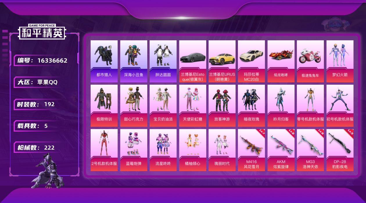 和平精英账号苹果QQ[16336662]苹果 手Q-15粉装-7特效枪-5载具-2粉色飞行器-81924热力值-12王牌印记-192套装-222枪皮
【热门品类】：粉装-梦幻火箭，套装-浪漫天命，套装-都市猎人，套装-深