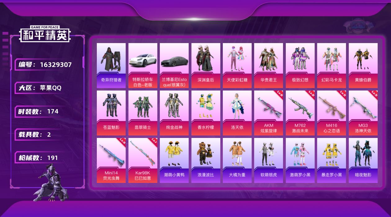 和平精英账号苹果QQ[16329307]捡漏海外不弹！转不了区！巡查员上衣！11粉装-6特效枪-2载具-2粉色飞行器-71333热力值-15王牌印记-174套装-191枪皮
【热门品类】：绝对防御上衣，套装-小丑鱼，套装