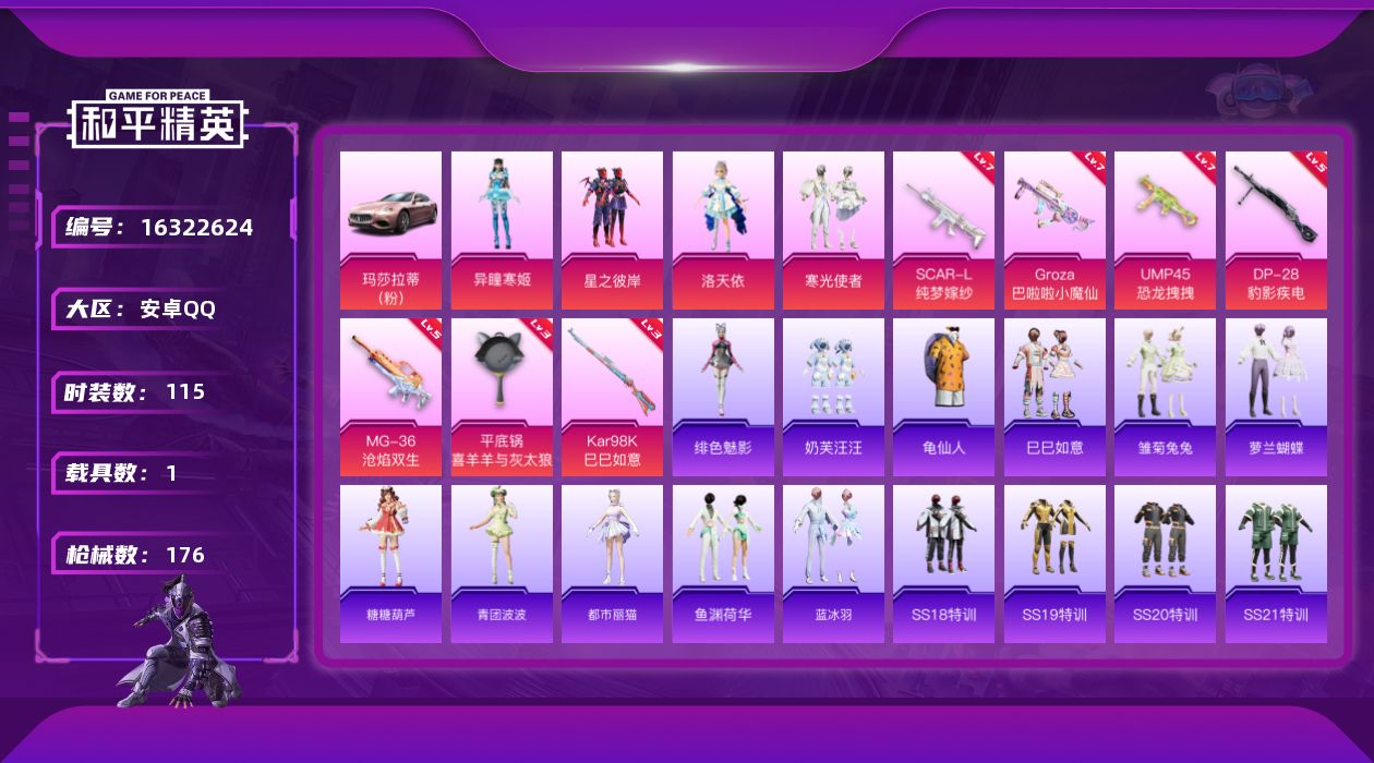 和平精英账号安卓QQ[16322624]安卓 手Q-4粉装-7特效枪-1载具-1粉色飞行器-56168热力值-13王牌印记-115套装-176枪皮
【热门品类】：套装-龟仙人
【粉色载具】：玛莎拉蒂Ghibli（粉）
【