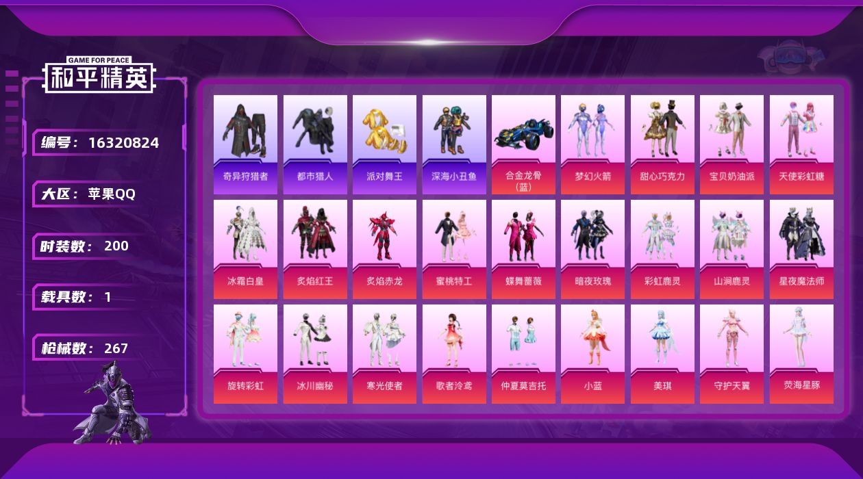 和平精英账号苹果QQ[16320824]苹果 手Q-22粉装-7特效枪-1载具-5粉色飞行器-85660热力值-14王牌印记-200套装-267枪皮
【热门品类】：粉装-梦幻火箭，套装-浪漫天命，套装-都市猎人，套装-派