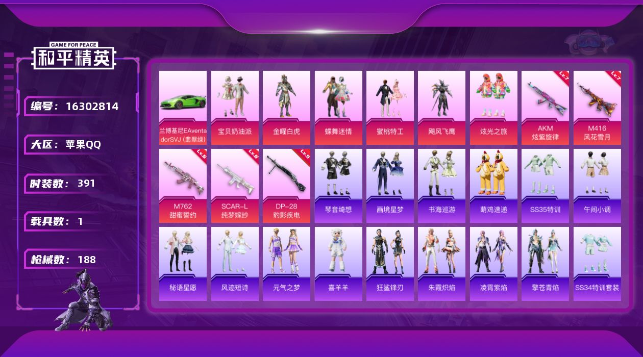 和平精英账号苹果QQ6粉装 5特效枪 1载具 12印记 可二次 
【热门装扮】金曜白虎,蝶舞迷情,宝贝奶油派,飓风飞鹰,